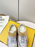 Fendi unisex sneakers front view, light gray uppers with tan hook-and-loop strap