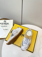 Fendi unisex sneakers, light gray canvas with tan strap and textured rubber sole