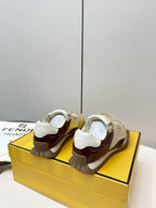 Fendi unisex sneakers heel view, metallic gold upper with brown rear and logo tabs