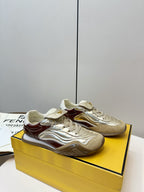 Fendi unisex low-top sneakers, metallic gold with brown heel and side logo details