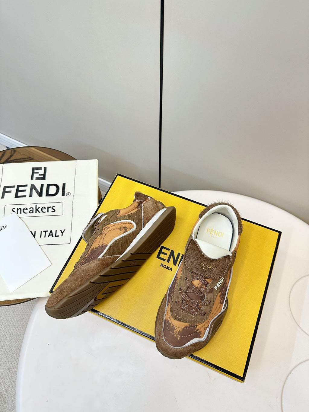 Fendi unisex sneakers, brown lace-up with patterned upper and cream collar