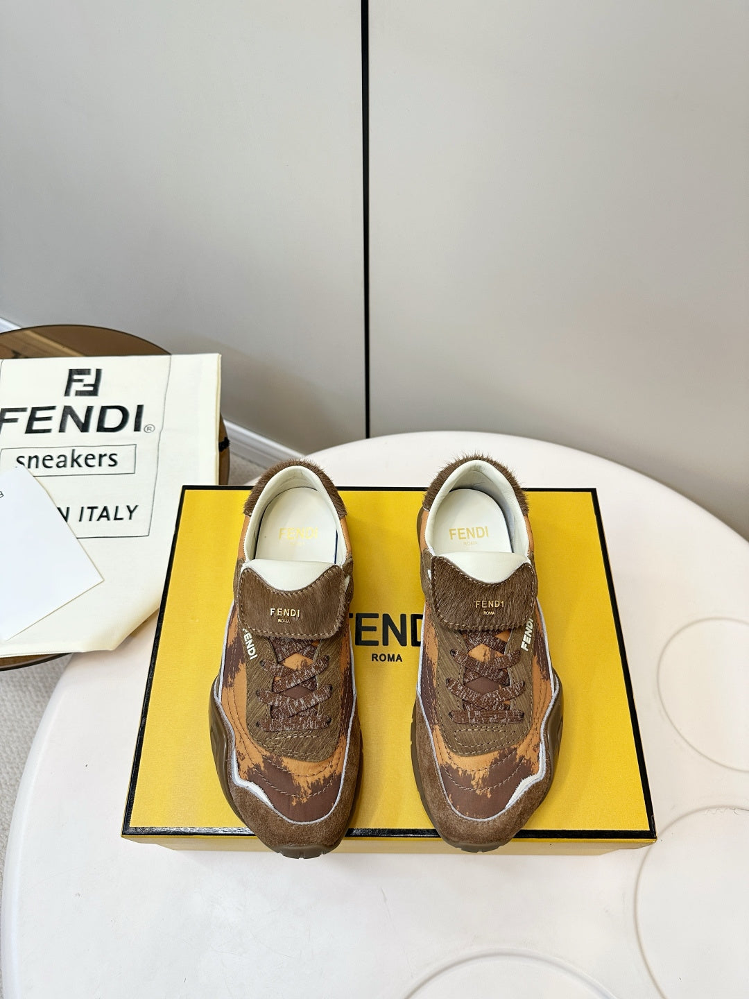 Fendi unisex sneakers, brown patterned fabric uppers with lace-up detail