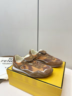 Fendi unisex sneakers in brown, side view with camo-like pattern and thick sole