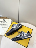 Fendi unisex sneakers on yellow box, navy and white pattern with black laces