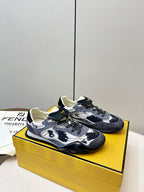 Fendi unisex sneakers, navy and white patterned uppers with FENDI logo on side