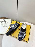 Fendi unisex sneakers on yellow box, navy and white patterned mesh with black sole