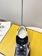Fendi unisex sneaker with inner collar showing FENDI branding and navy upper