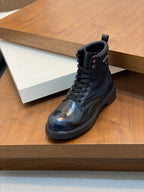 Prada lace-up ankle boots, glossy dark blue leather, padded collar and treaded outsole