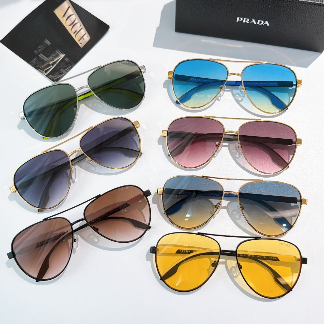 Prada sunglasses assortment with mixed lens colors: blue, green, pink, brown, yellow