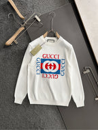 White crewneck sweatshirt with Gucci logo graphic print, long sleeves