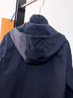 Moncler long hooded coat in dark navy with full back view