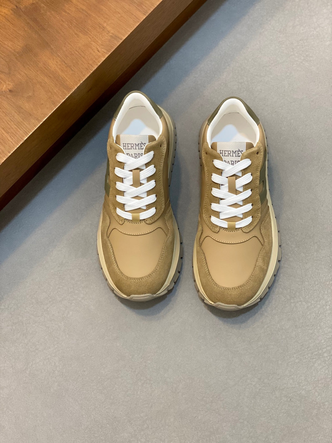 Moncler sneakers, beige suede with white laces and green side panel