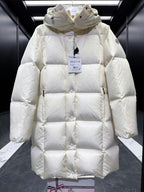 Light cream long puffer coat with hood, diamond quilting, buttoned front, elastic cuffs.