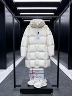 Long hooded puffer coat, light cream, diamond quilting, front snap placket.