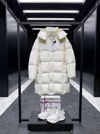 Long hooded puffer coat, light cream, diamond quilting, side pockets, long hem.