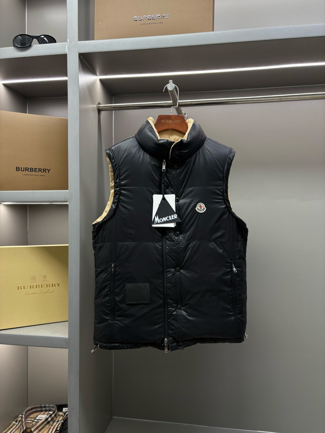 Moncler quilted puffer vest with front zipper, dark gray