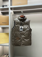 Moncler quilted puffer vest with front zipper, olive taupe