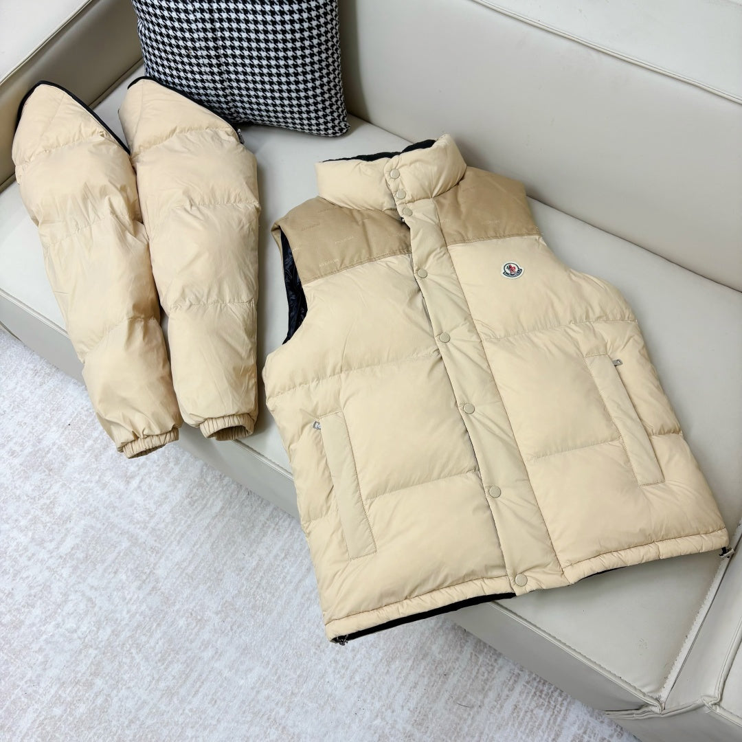 Moncler quilted puffer jacket with snap front, light beige