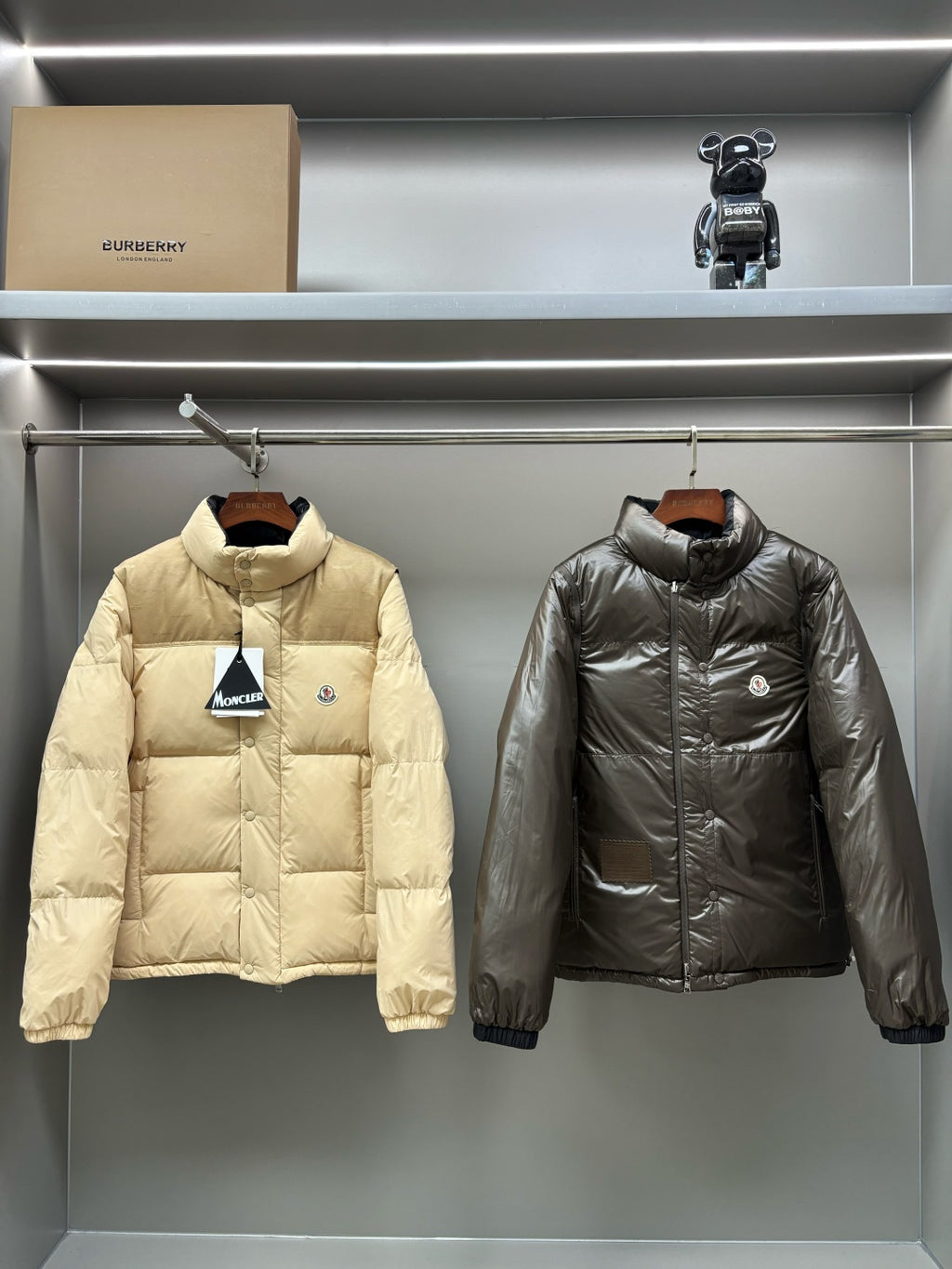 Moncler quilted puffer jacket with front zipper, light beige