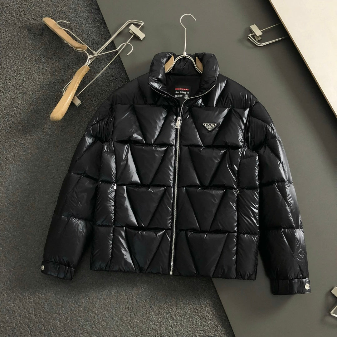 Black long puffer jacket with full front zipper and stand collar