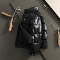Black puffer jacket with front zipper and Prada triangular chest logo