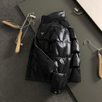 Black puffer jacket with front zipper and Prada triangular chest logo