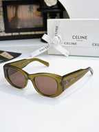 Cat-eye sunglasses with olive-green frames and mauve-tinted lenses.