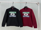 Two crewneck sweatshirts in black and burgundy, each with Gucci logo graphic