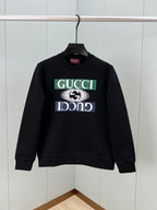 Black crewneck sweatshirt with large Gucci logo graphic on front