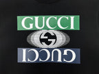 Black crewneck sweatshirt graphic: Gucci text and swirl heart logo