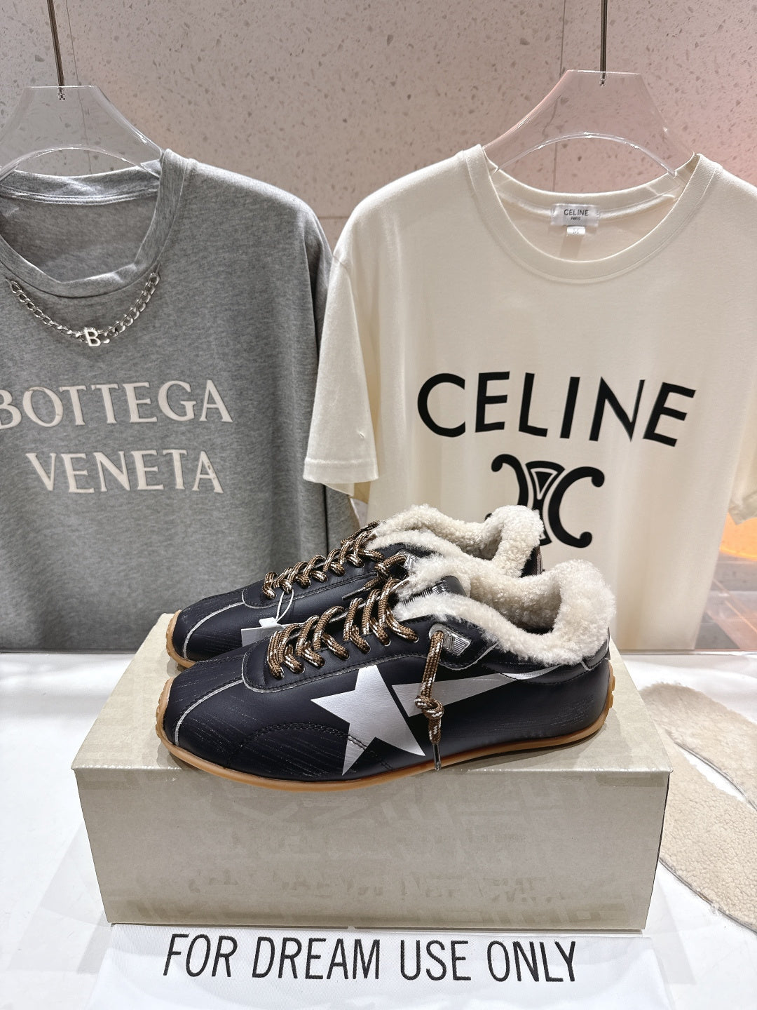 Golden Goose black lace-up sneaker with shearling collar, star side detail, gum sole