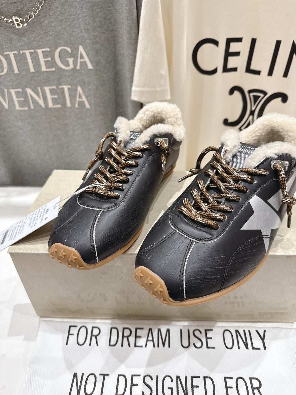 Golden Goose black leather lace-up sneaker with shearling collar and star side detail