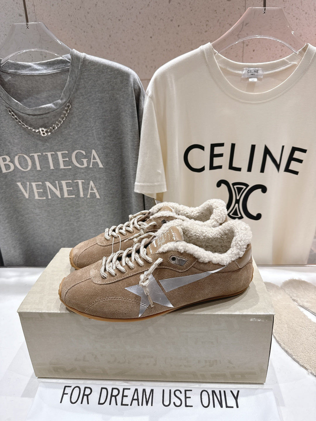 Golden Goose low-top tan suede sneakers with sherpa collar and lace-up design