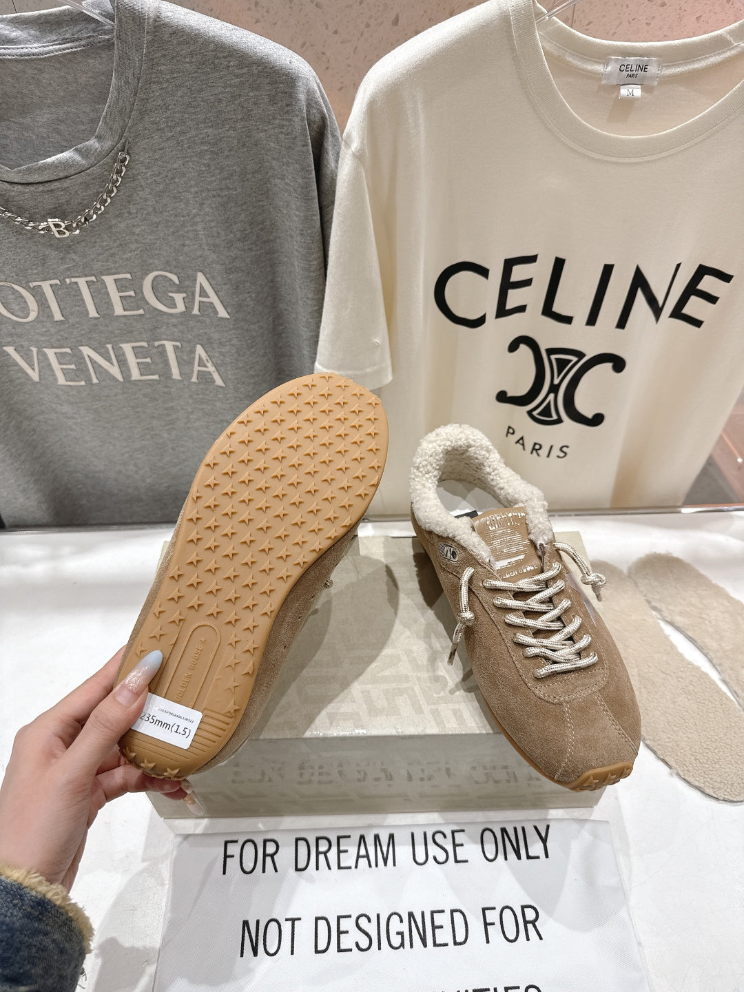 Golden Goose tan suede sneakers with shearling lining; star-patterned rubber outsole
