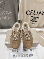 Golden Goose suede sneakers with shearling lining, tan, lace-up, gum outsole