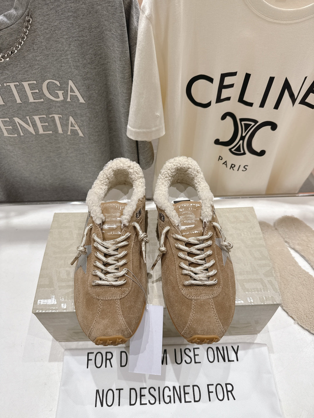 Golden Goose suede sneakers with shearling lining, tan, lace-up, gum outsole