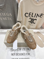 Golden Goose tan suede lace-up sneakers with fluffy collar, white laces, gum sole