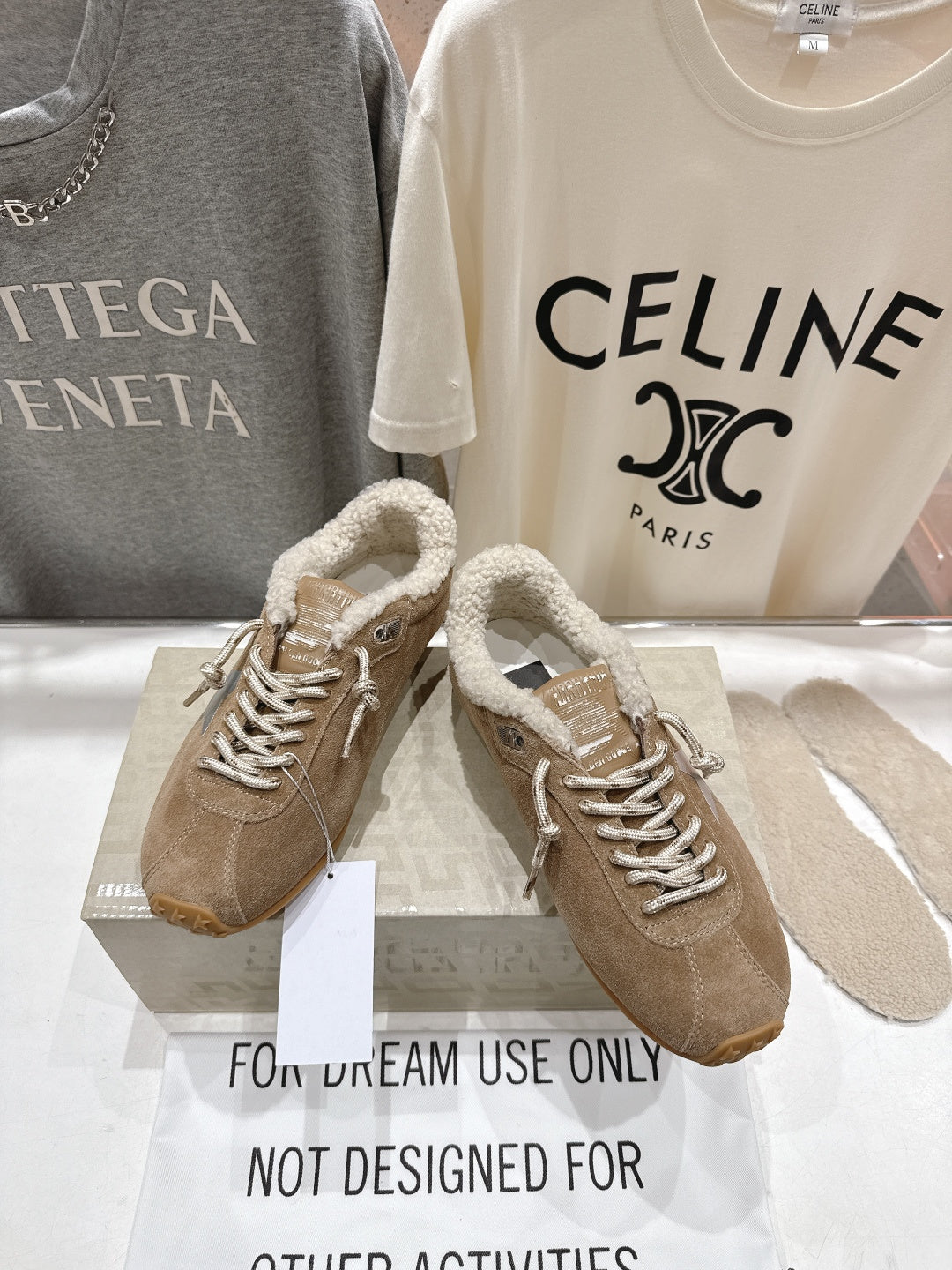 Golden Goose tan suede lace-up sneakers with fluffy collar, white laces, gum sole