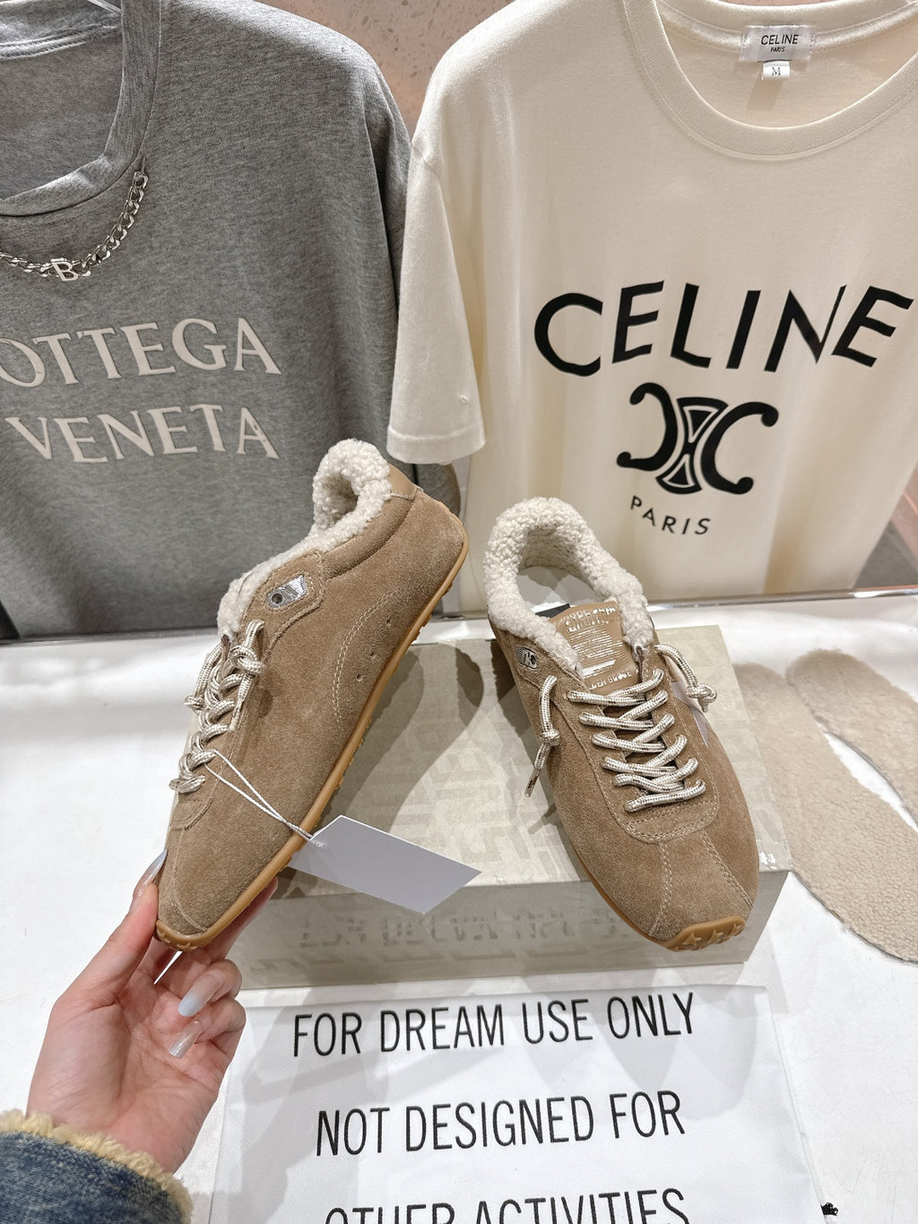 Golden Goose tan suede sneakers, lace-up with shearling trim and gum sole