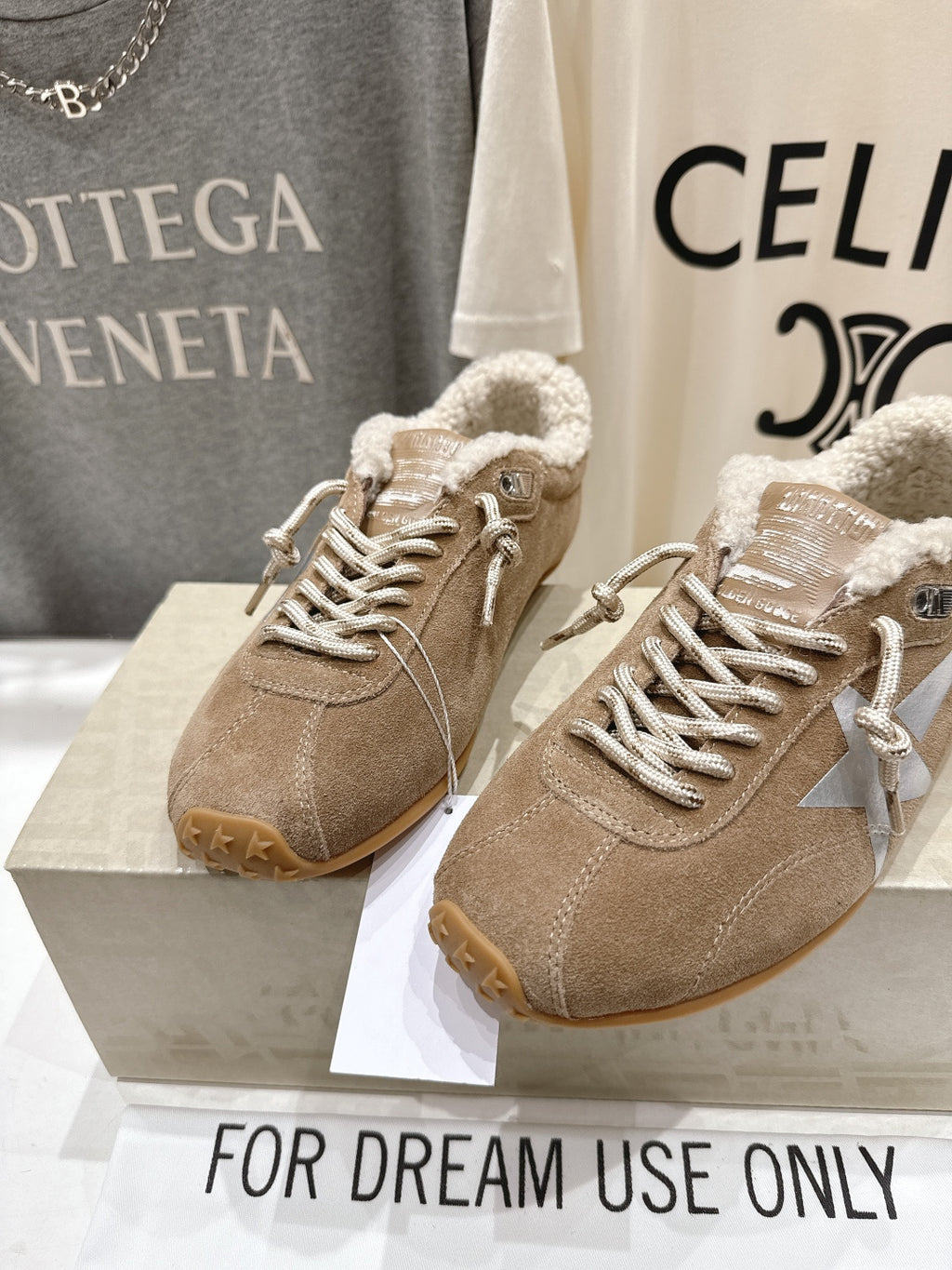 Golden Goose tan suede sneakers, lace-up with shearling collar and gum outsole