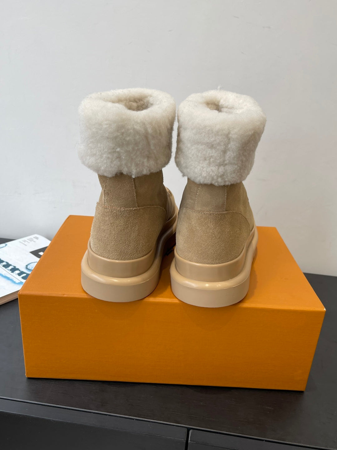 Louis Vuitton unisex tan suede shearling boots, rear view with fluffy cuffs