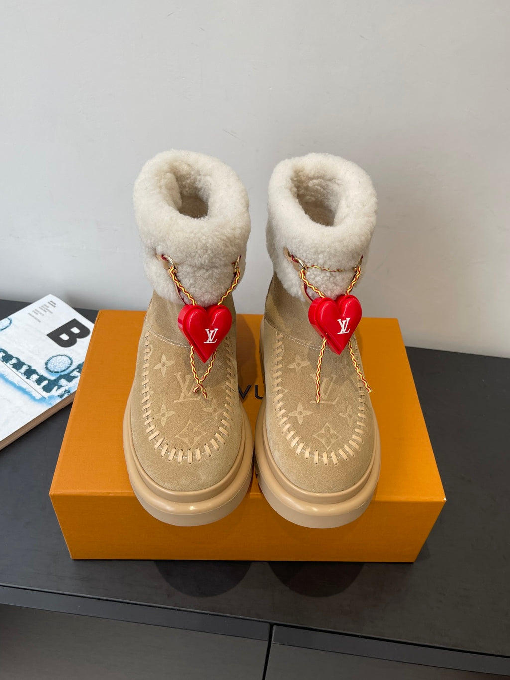 Louis Vuitton unisex suede shearling boots, tan, with red heart charm on gold chain