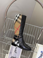 Burberry black knee-high leather boot with plaid shaft lining and buckled strap
