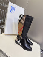 Burberry black knee-high leather boot with plaid panel and buckled ankle strap