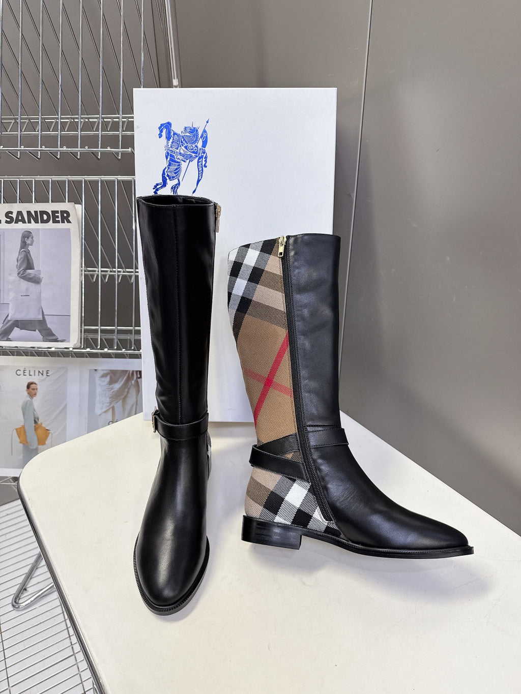 Burberry black knee-high leather boots with plaid side panels and block heel
