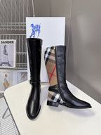 Burberry black knee-high leather boots with plaid side panels and block heel