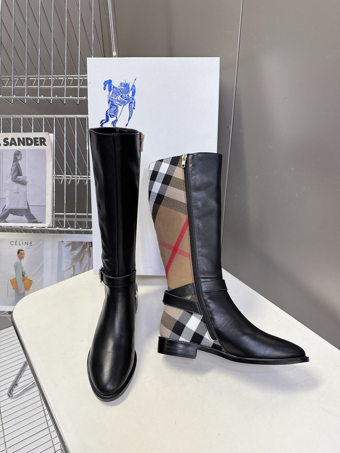 Burberry black knee-high leather boots with plaid side panels and block heel
