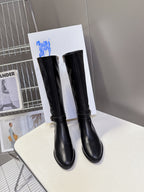 Burberry black knee-high leather boots, pull-on style with low stacked heel