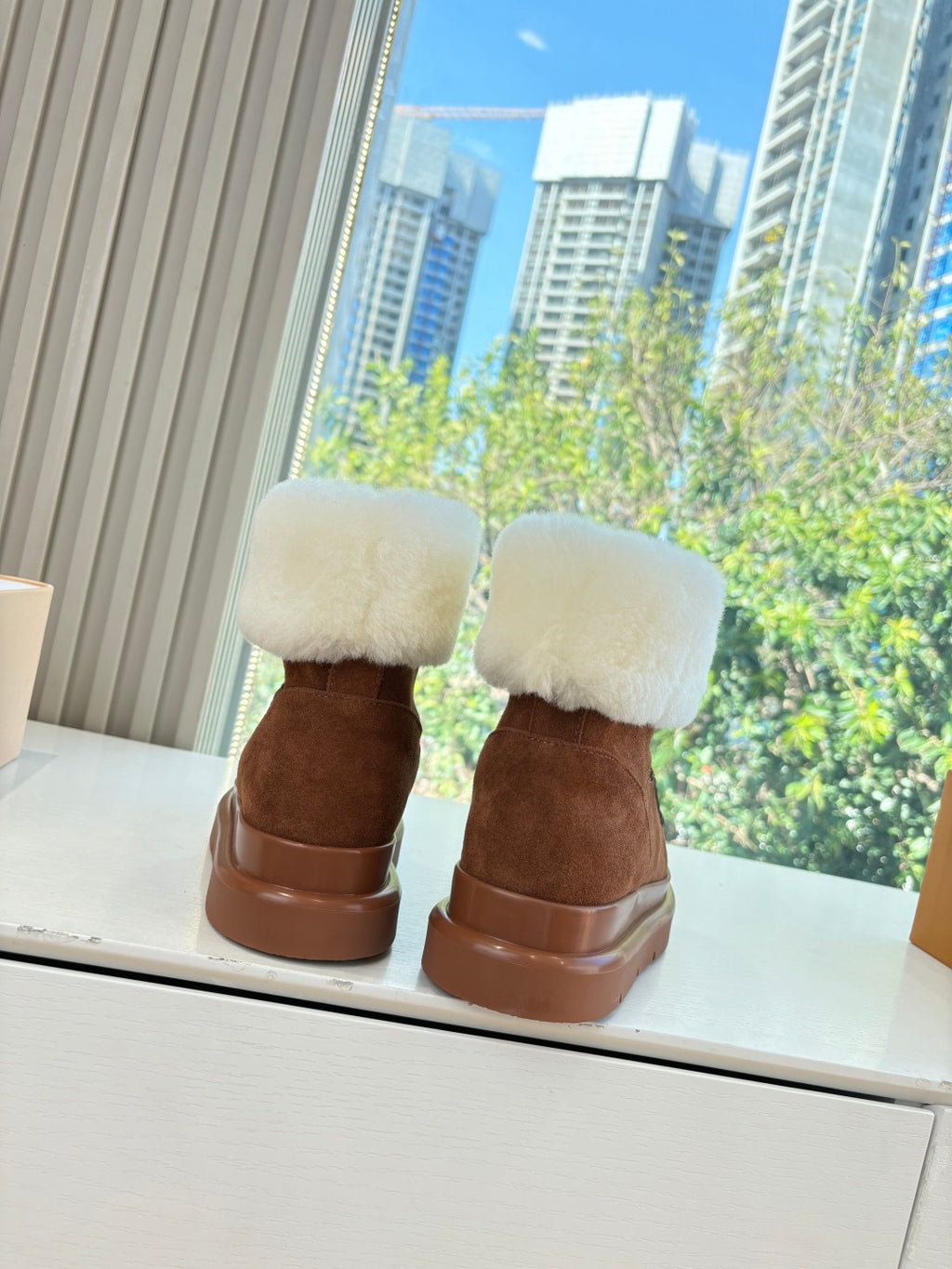 Louis Vuitton unisex suede ankle boots with cream shearling cuffs and brown heel backs