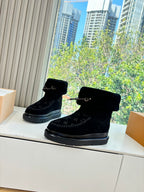 Black Louis Vuitton unisex ankle boots with side buckle strap and monogram knit